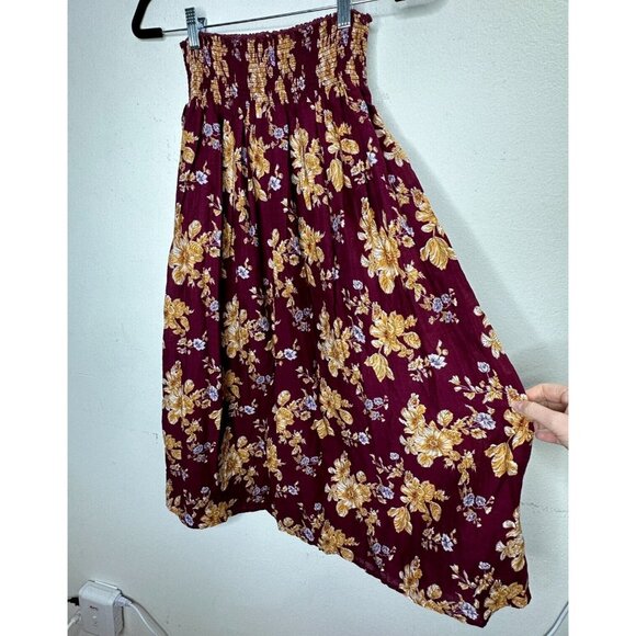 Natural Life Meadow Maroon Gold Tan Floral Smocked Waist Midi Skirt XS / S - Picture 5 of 13